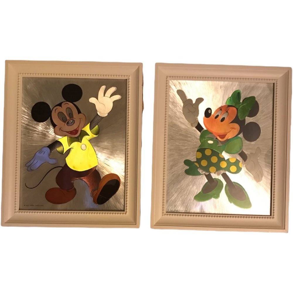 Vintage Walt Disney Mickey Minnie Mouse Set 2 Foil Art Wood Plaque Wall Hanging
